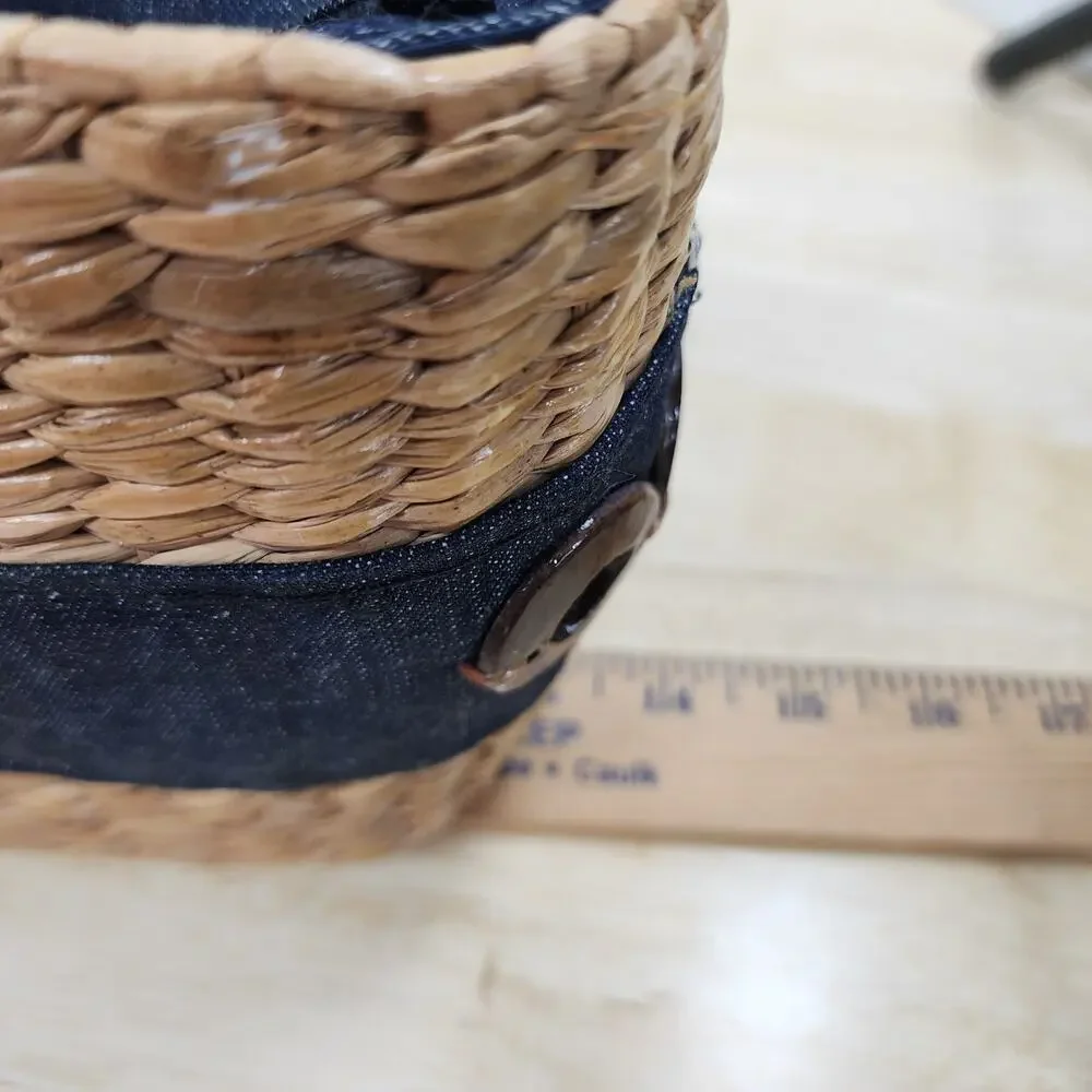 Straw Basket Purse Denim Accent Wooden Handles Beach Cottagecore Bag 10x5.5
